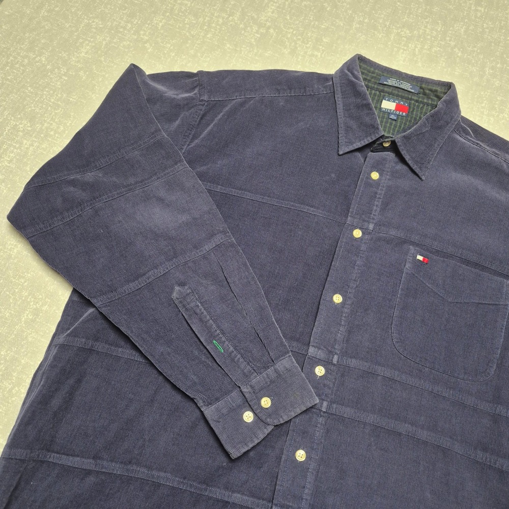 Tommy Hilfiger Mens XL Navy Blue Corduroy Paneled Long Sleeve Button Down Shirt